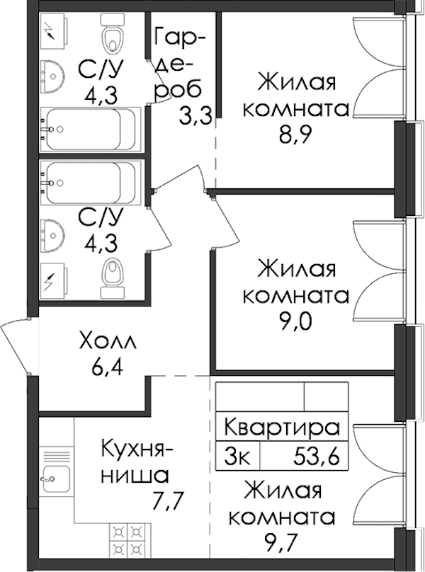 2-комнатная квартира 53.6 м², 7/9 эт., ЖК «Лермонтовский 54»